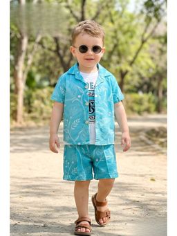 Lagorii - Boys Blue Shorts With Printed Shirt And Graphic T-Shirt