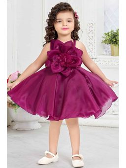 Lagorii - Wine Organza Dress With Floral Embellished For Girls