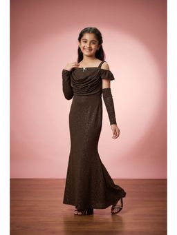 Lagorii - Brown Glitter Cold-Shoulder Mermaid Gown With Matching Arm Sleeves For Girls