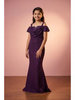 Lagorii - Purple Glitter Cold-Shoulder Mermaid Gown With Matching Arm Sleeves For Girls
