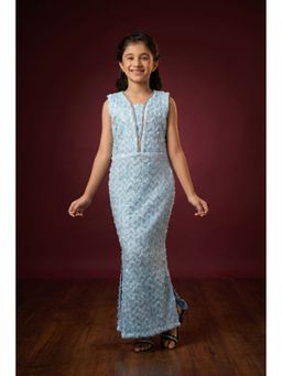 Lagorii - Girls Sky Blue Sequins Embellished Mermaid Gown With Textured Lace Detailing