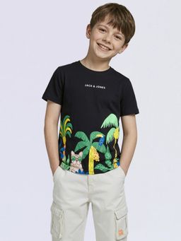 Jack & Jones Junior - Boys Black Tropical Print T-Shirt