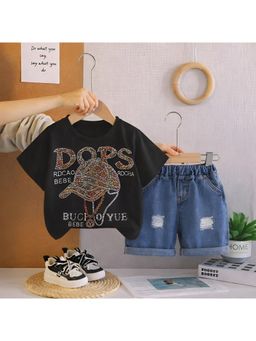 Googo Gaaga - Black Graphic Print Half Sleeve Cotton T-Shirt With Blue Denim Shorts