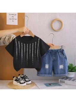 Googo Gaaga - Boys Black Graphic Print Half Sleeve Cotton T-Shirt With Denim Shorts