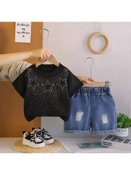 Googo Gaaga - Kids Boys Black Star Print Half Sleeve Cotton T-Shirt With Denim Shorts