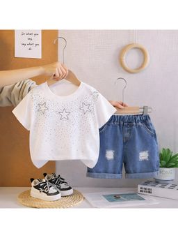 Googo Gaaga - Boys White Star Print Half Sleeve Cotton T-Shirt With Blue Denim Shorts