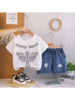 Googo Gaaga - Boys White Graphic Print Cotton Half Sleeve T-Shirt With Denim Shorts