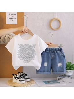 Googo Gaaga - Boys White Abstract Print Half Sleeve Cotton T-Shirt With Denim Shorts
