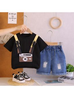 Googo Gaaga - Baby Boys Black Camera Graphic Print Cotton T-Shirt With Denim Shorts