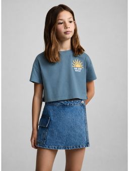 Alan Jones - Petrol Blue Girls Crop Graphic Printed T-Shirt