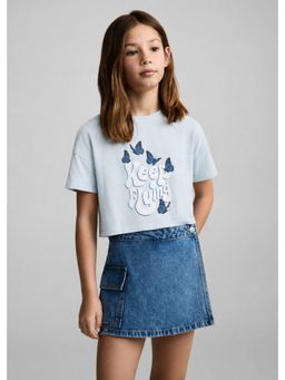 Alan Jones - Sky Blue Girls Crop Graphic Printed T-Shirt