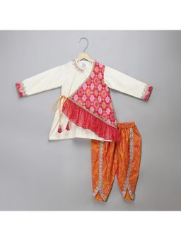 The Little Tales - Off White Bandhini Angrakha Printed Kurta with Dhoti