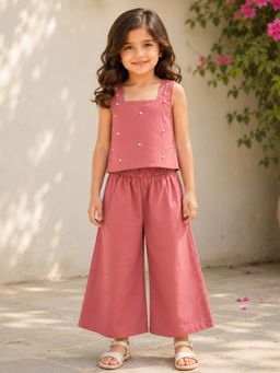 The Magic Wand - Woven Sleeveless Pearl Embellished Back Bow Co-Ord Set - Peach