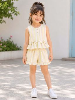 The Magic Wand - Woven Sleeveless Stripes Ruffle Hem Co-Ord Set - Yellow