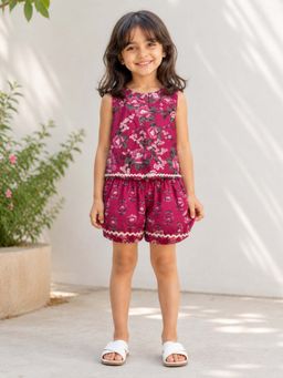 The Magic Wand - Cotton Woven Sleeveless Rose Printed Laced Top And Shorts - Magenta