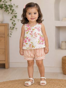 The Magic Wand - Woven Blossom Floral Printed Laced Top And Stripe Shorts - White