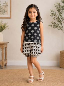 The Magic Wand - Cotton Woven Ethnic Motif Printed Laced Top And Shorts - Black