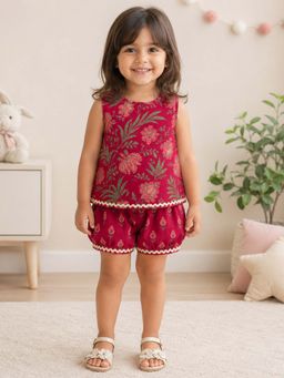 The Magic Wand - Cotton Woven Sleeveless All Over Printed Laced Top And Shorts - Maroon