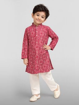 Vastramay - Boys Red Cotton Cambric Bandhani Screen Print Kurta & Pyjama