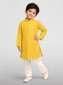 Vastramay - Boys Yellow Cotton Cambric Bandhani Screen Print Kurta & Pyjama