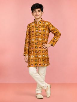 Vastramay - Boys Yellow Rayon Patola Printed Kurta & Pyjama