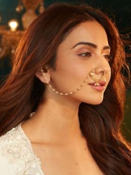 Accessher - Gold Plated Kundan Non-Piercing Nose Ring with Single Pearl Chain, Pack of 1