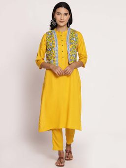 Shree - Women Rayon Yellow Kurta Jacket Trouser (Set Of 3)