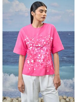 Genes Lecoanet Hemant - Women's Pink Sequin-Embroidered Cotton Poplin Elbow Sleeve Top