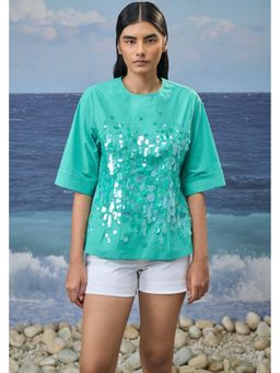 Genes Lecoanet Hemant - Women's Green Sequin Embroidered Cotton Poplin Elbow Sleeve Top