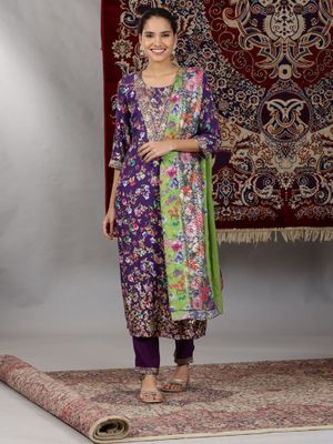 Purple Printed Pure Silk A-Line Kurta Palazzos With Dupatta