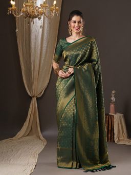 Akhilam - Womens Georgette Green Woven Design Saree with Unstitched Blouse