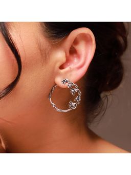 Voylla - Silver Phulwari Pushpara Oxidised Front Back Hoop Earrings