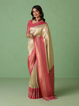 Likha - Art Dupion Silk Brocade Weave Beige and Gold Saree with Unstitched Blouse LIKPETSAR05
