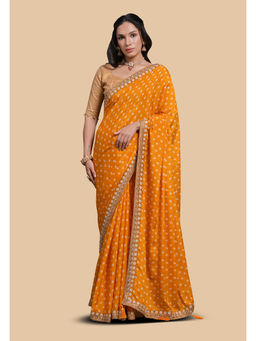 Likha - Chinon All Over Printed and Border Embroidered Mustard Saree with Unstitched Blouse