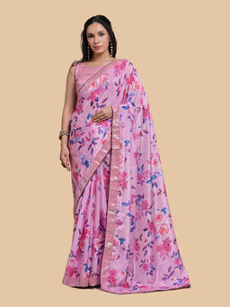 Likha - Chinon Printed Pink Saree with Sequins Work and Unstitched Blouse LIKPFSAR02