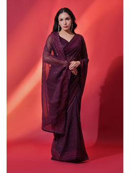 Likha - Georgette Heavy Embroidered and Seqiuns Work Wine Saree with Unstitched Blouse LIKPFSAR03