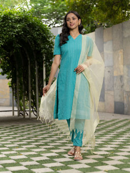 Vinya - Anika Turquoise Cotton Kurta with Pants & Organza Dupatta (Set of 3)