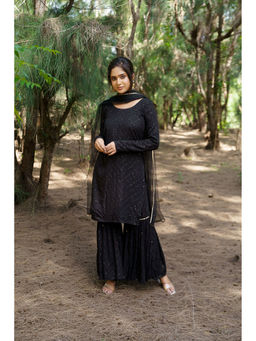 Vinya - Nira Black Sequin Rayon Sharara with Kurta & Net Dupatta (Set of 3)