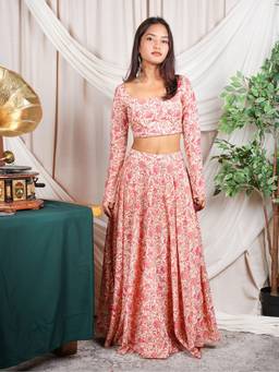NISHORAMA - Peach Floral Crop Top and Skirt