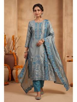 DEVRI - Grey Silk Blend Embroidered Unstitched Kurta with Pant and Dupatta
