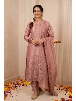 DEVRI - Pink Silk Blend Embroidered Unstitched Kurta with Pant and Dupatta