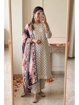 DEVRI - Off White Muslin Blend Printed Unstitched Kurta with Pant and Dupatta