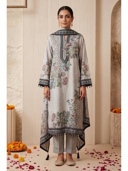 DEVRI - Grey Muslin Blend Printed Unstitched Kurta with Pant and Dupatta