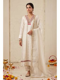 DEVRI - Off White Pure tissue silk Embroidered Unstitched Kurta with Pant and Dupatta