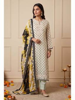 DEVRI - White Muslin Blend Printed Unstitched Kurta with Pant and Dupatta
