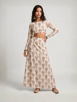 NISHORAMA - Beige Rekha Crop Top and Skirt
