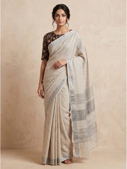 SAANTHA - Women Cream Linen Handloom Saree