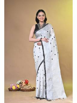 SAANTHA - Women White Linen Embroidered Saree