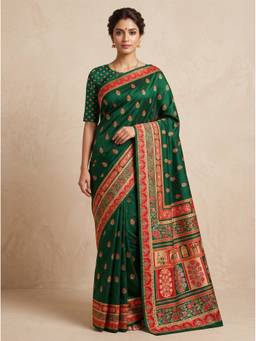 SAANTHA - Women Green Cotton Silk Printed Saree