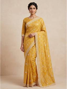 SAANTHA - Women Yellow Silk Blend Embroidered Saree